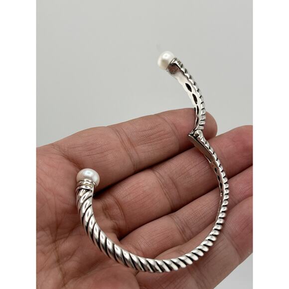 EFFY Sterling Silver 18k Yellow Gold Twisted Pearl Hinged Cuff Bracelet - Picture 15 of 16